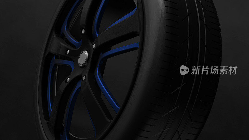 轮胎车轮蓝色黑色金属3D渲染
