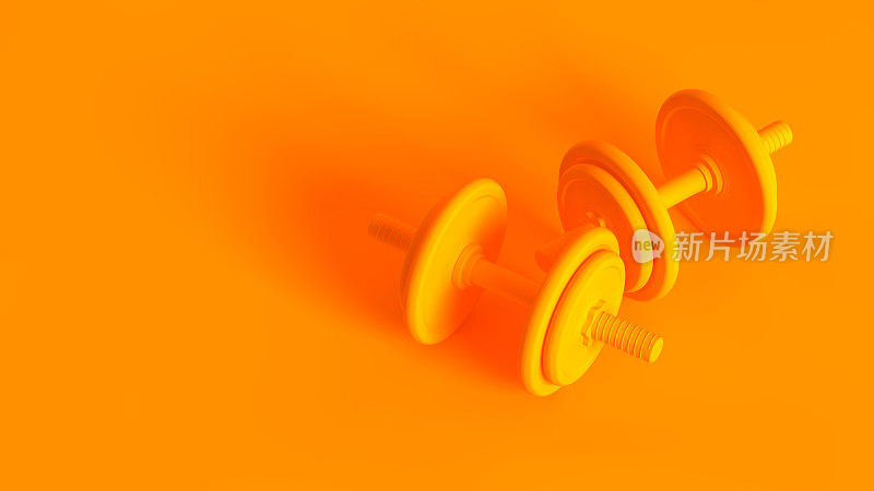 哑铃。概念立体图像的3d渲染哑铃，充分色调在橙色。