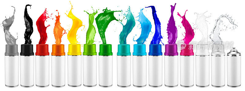 集排多种喷雾器可喷涂彩色彩虹漆液，颜色飞溅爆炸隔离白色背景。工业diy喷漆涂鸦概念。
