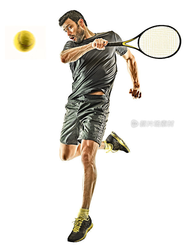 成熟的网球运动员男子正手剪影孤立白色背景