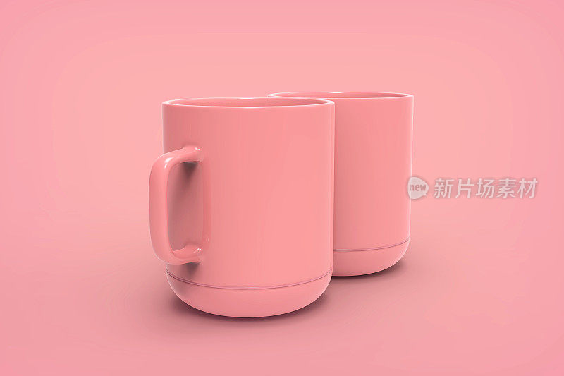 粉色马克杯上的粉色背景模型，复制空间库存照片