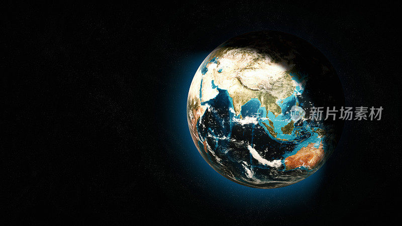 以16:9格式，以亚洲和大洋洲为背景，在太空中创建抽象地球