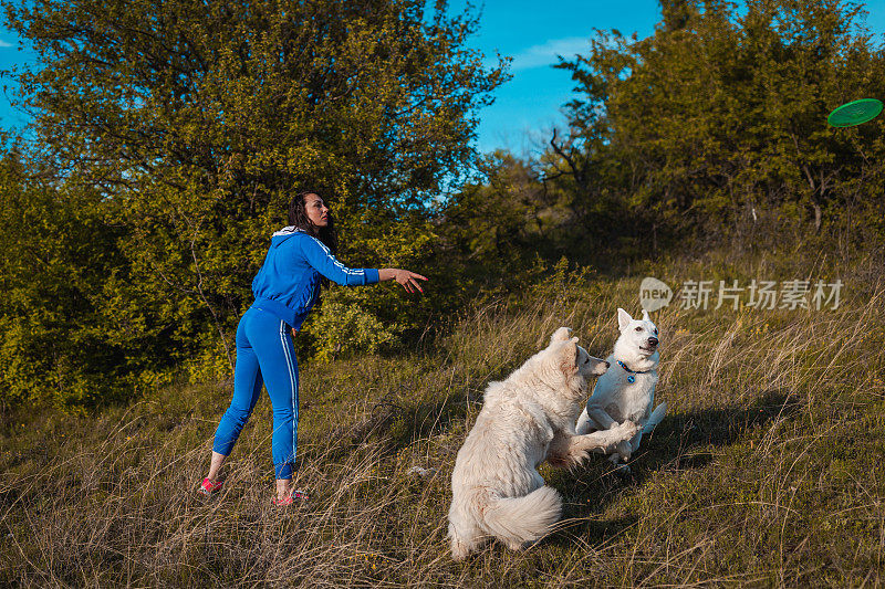 女人和狗玩飞盘