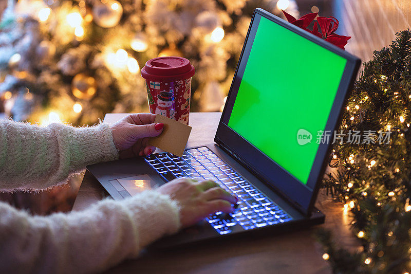 一个女人在家里享受着舒适的圣诞气氛，同时用笔记本电脑在网上购物。