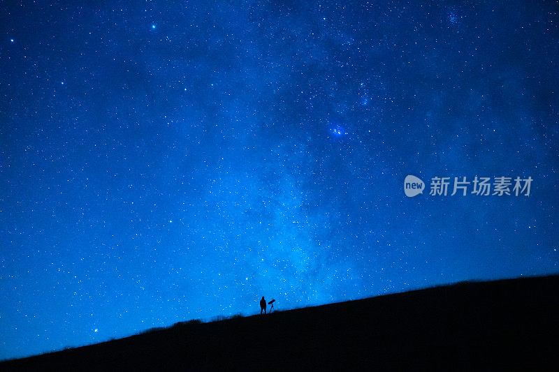 小人物观察宇宙和星星的浩瀚。一个天文爱好者的剪影，用望远镜观察夜晚的蓝色星空。