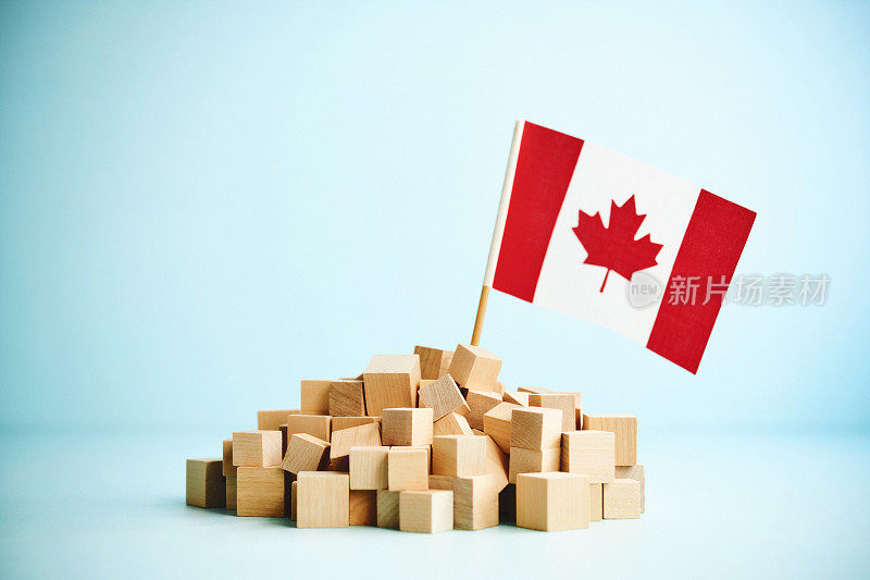 蓝色背景上的一堆木块和加拿大国旗