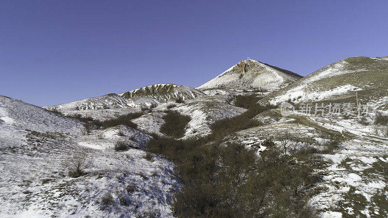 阿尔卑斯山鸟瞰图。山在冬天被雪覆盖。蓝天雪山全景图