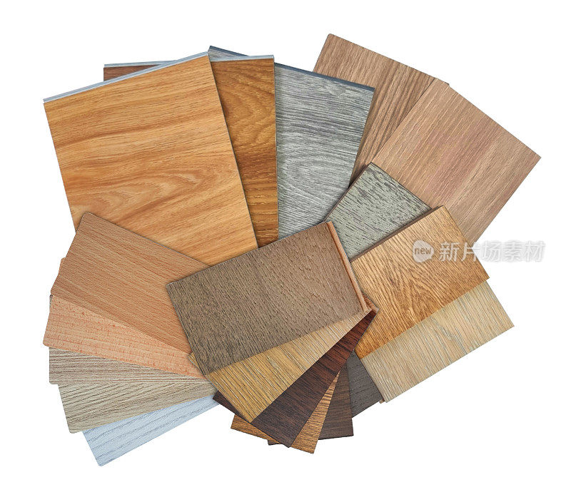 木质室内材料样品样品包含乙烯基地板砖、工程地板砖、层压、贴面，背景上有剪切路径隔离。多颜色和纹理。