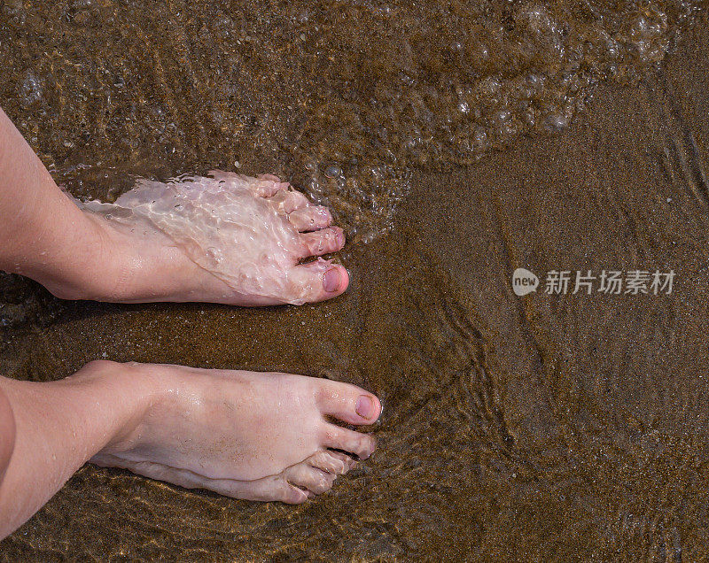 头顶上一些脚的照片，在海滩的岸边，淹没在水里