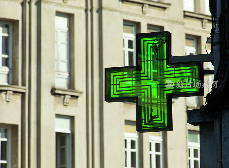 药店标志在大街上，高楼大厦，绿十字。
