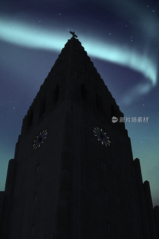 Hallgrímskirkja冰岛雷克雅未克北极光下的教堂