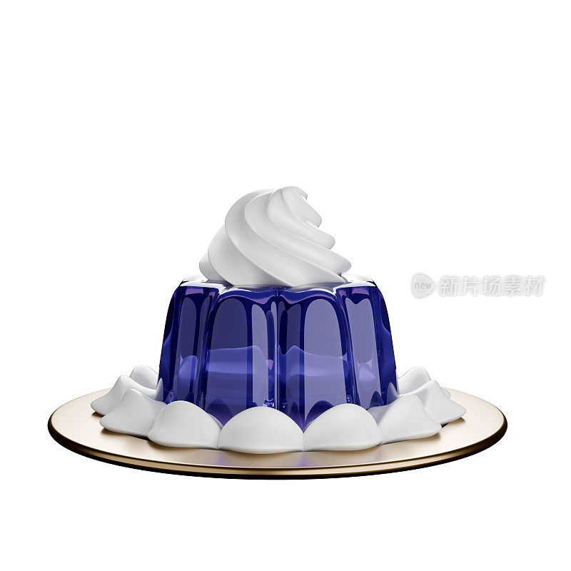 卡通风格美味的蓝色果冻与打发奶油3D。