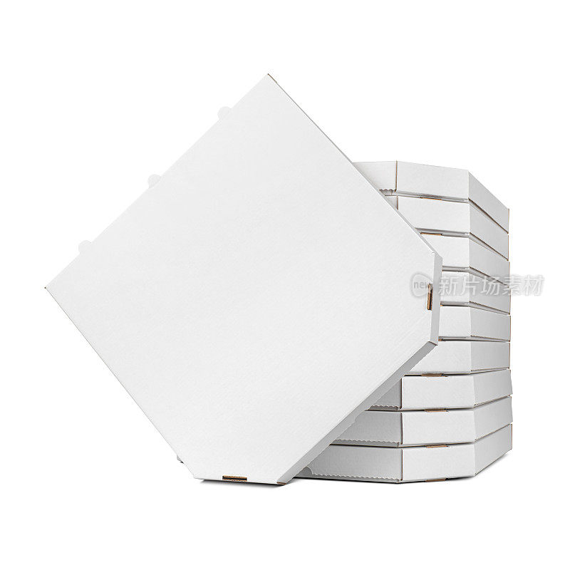 一个空白盒子放在一堆封闭的白色硬纸盒上，用来装披萨。