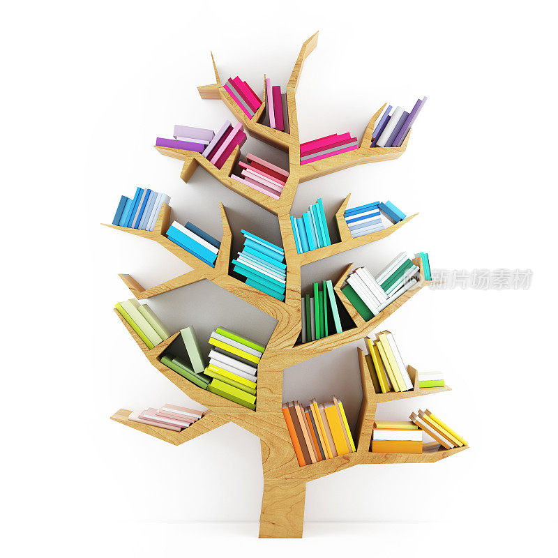 知识树，木制书架和多色书籍