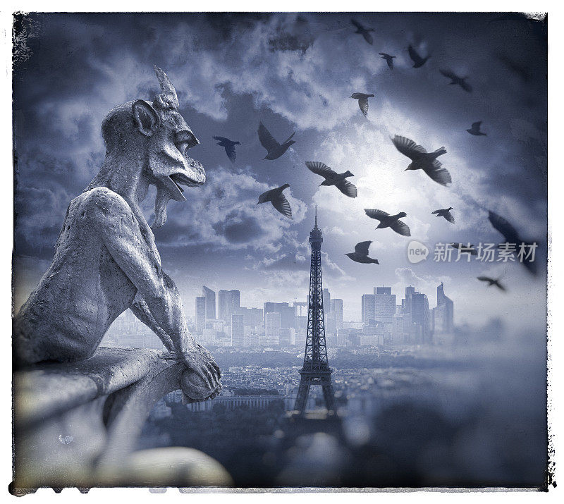 巴黎圣母院和埃菲尔铁塔夜景中的滴水嘴兽