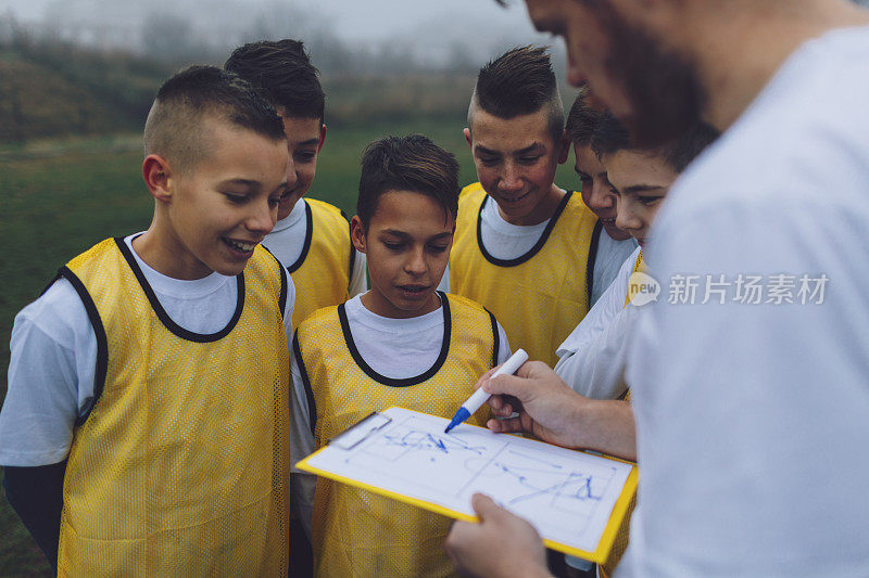 教练指导他的孩子足球队。