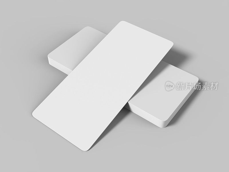 模拟模板空白，空白，圆角礼品券卡束在灰色的背景。用于平面设计或演示，3D渲染插图。