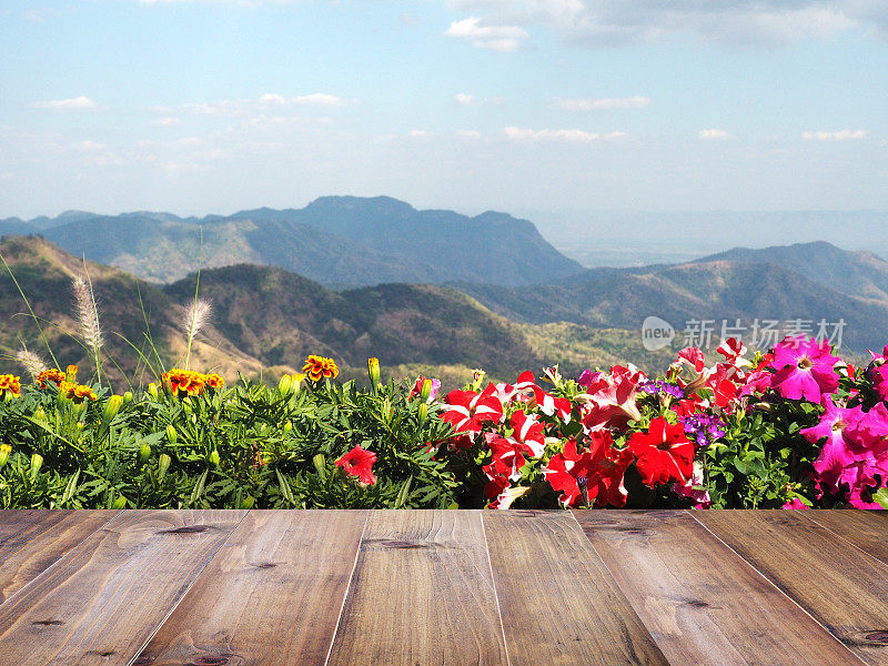 桌面之上，鲜花之上，高山背景