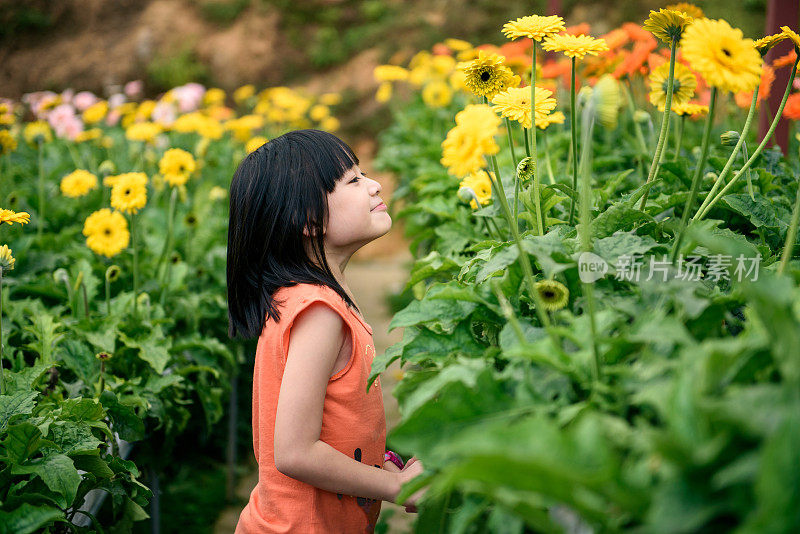 穿着橙色衬衫的年轻亚洲女孩闻着花香