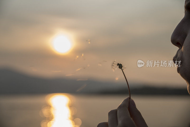 爱达荷州，一个女人在夕阳下吹蒲公英