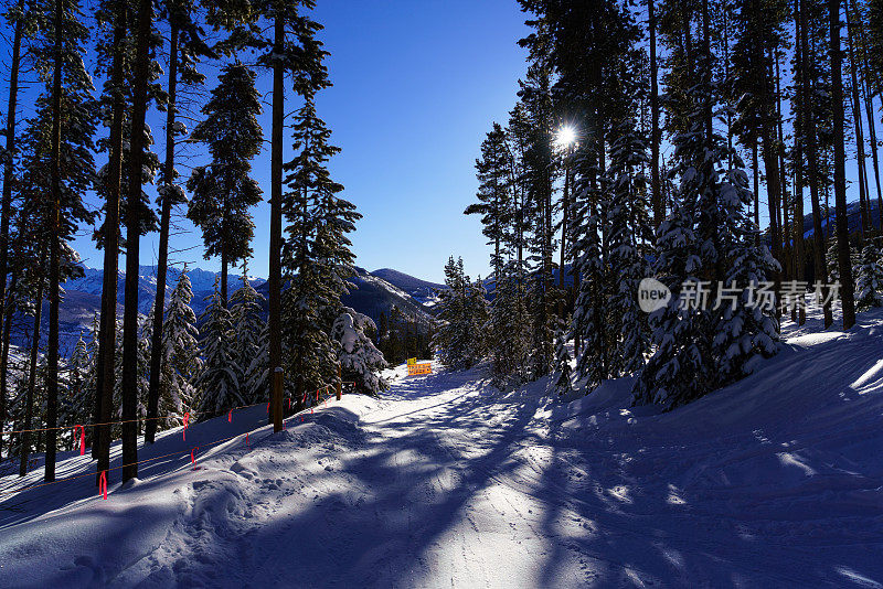 滑雪道合并标志在阳光灿烂的一天Vail