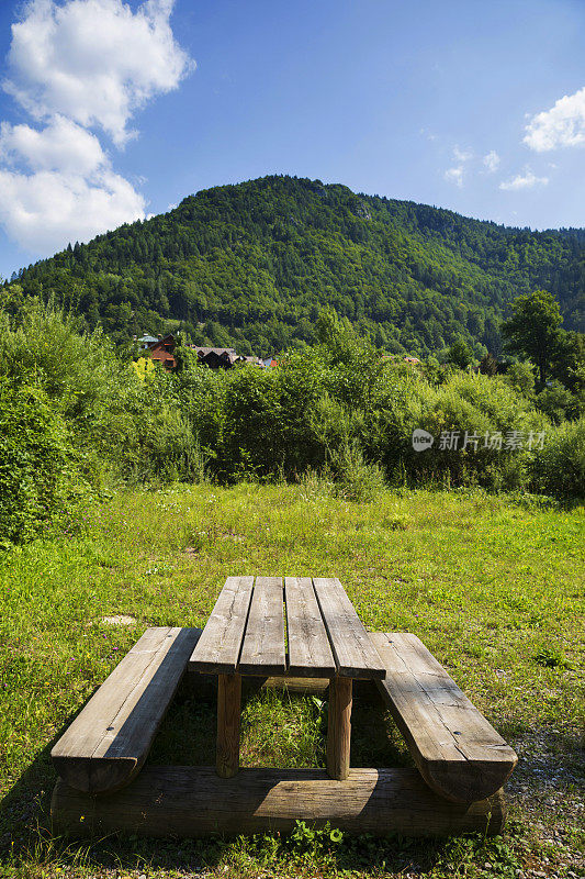 松木野餐桌。原生态，白云石山脉的山峰和松林为背景。