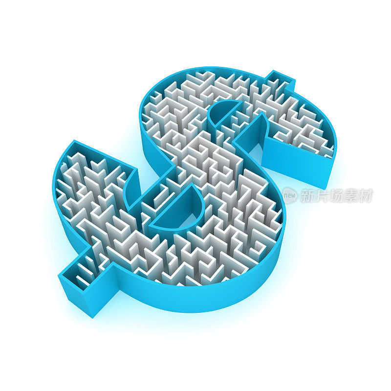 美元符号与迷宫隔离在白色背景。迷宫和金钱，商业3d插图。包括剪切路径。