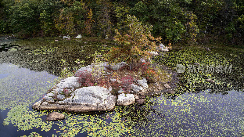 初秋荒野湖中的小石岛