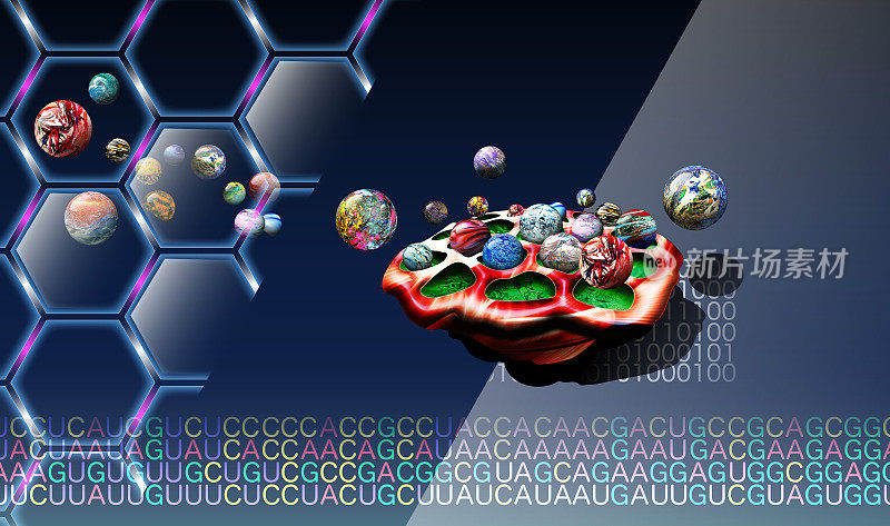 人工智能和纳米技术给药系统的探索，携带基因和药物的载体图像，石墨烯和RNA密码子和二进制代码