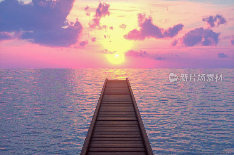 海上木桥桥墩，夕阳西下