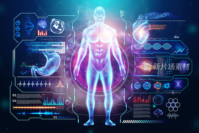 未来高科技诊断面板的全息人体保健。未来的现代医学。3D渲染，3D渲染。