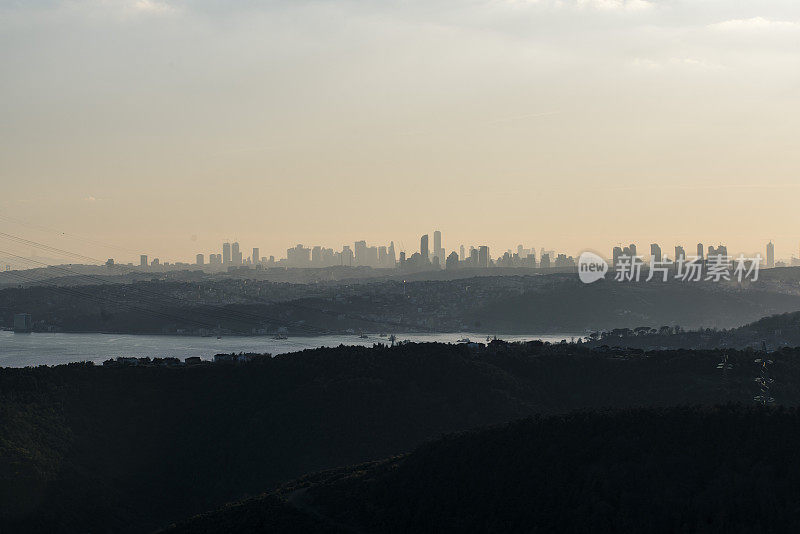 日落时伊斯坦布尔摩天大楼的全景。