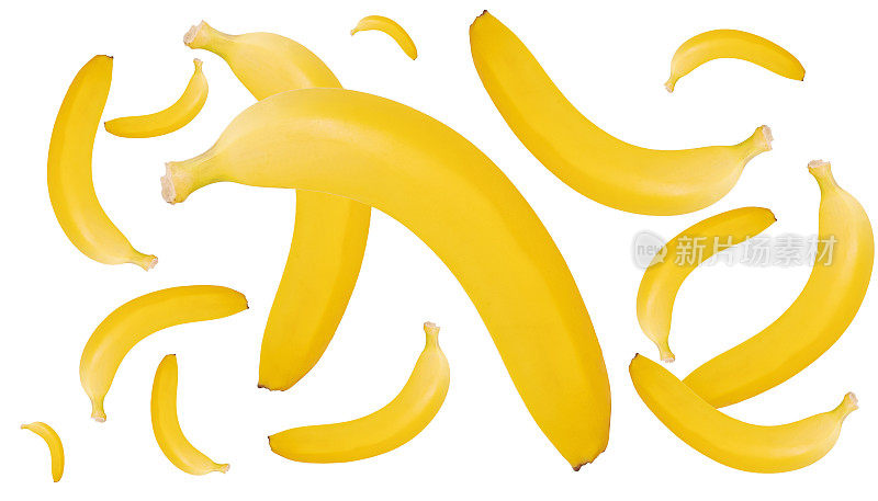 成熟的黄色香蕉，白色背景上的一组物体。孤立的对象。背景照片,水果。全景照片。