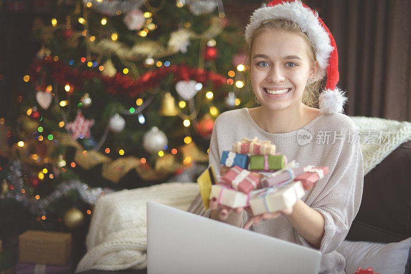 年轻女子在圣诞室内，手提电脑(电子商务)