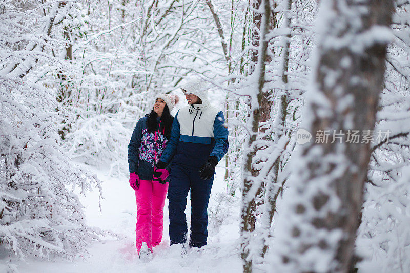 一个年轻和浪漫的夫妇走在雪原的树林的肖像