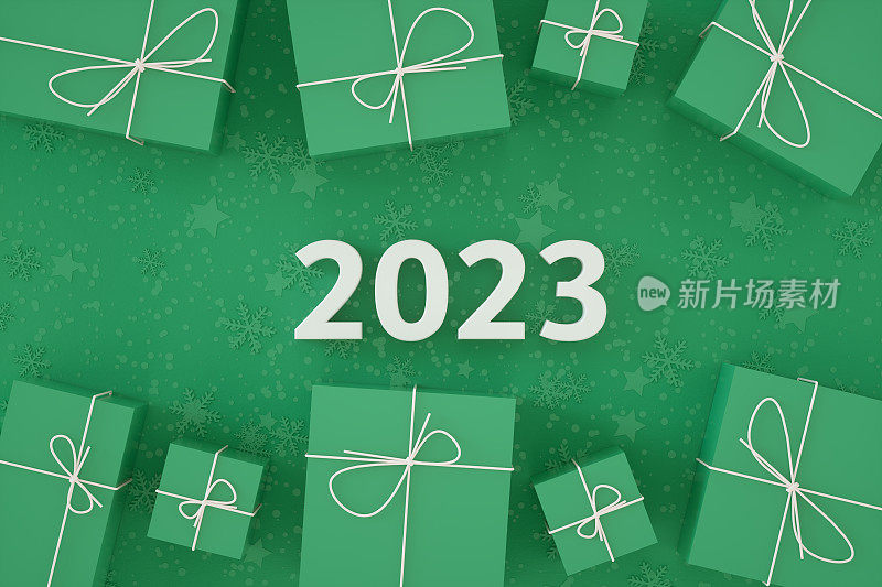 2023年新年，圣诞礼盒绿色背景