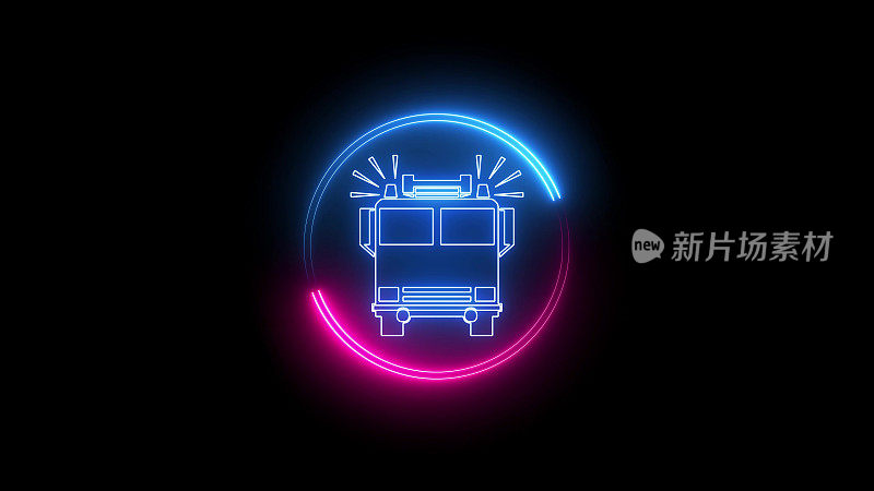 粉色和蓝色发光的霓虹灯线油罐车图标孤立在黑色背景。抽象插图背景。