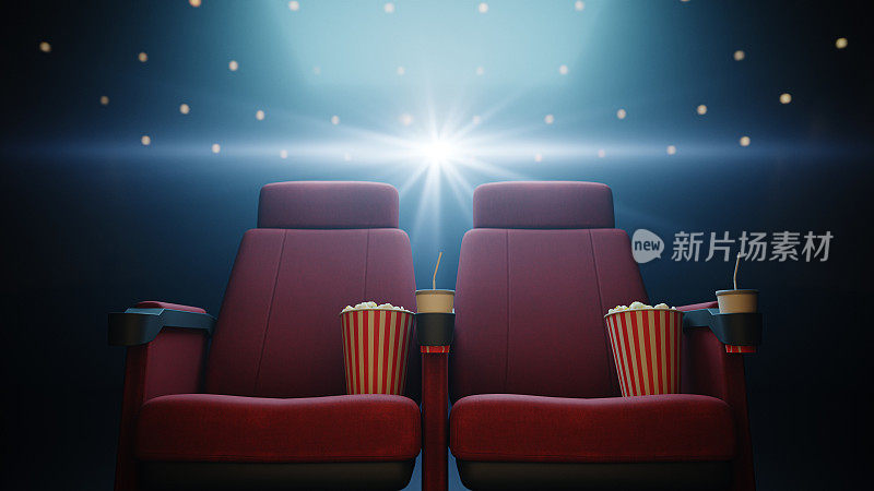 电影院座位场景与爆米花和饮料，3d渲染