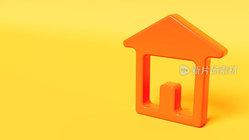 橙色的房子图标在黄色的舞台，房地产主题，3d插图