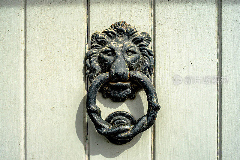 装饰性狮子头门环，带有浓重的铜绿