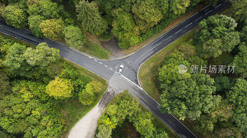 道路交叉口和在森林鸟瞰图中无法辨认的汽车