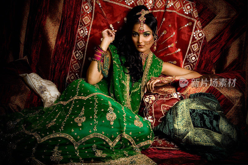 美丽的印度妇女在传统的服装与织物