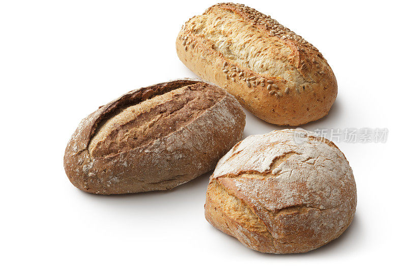 面包:各种面包孤立在白色背景