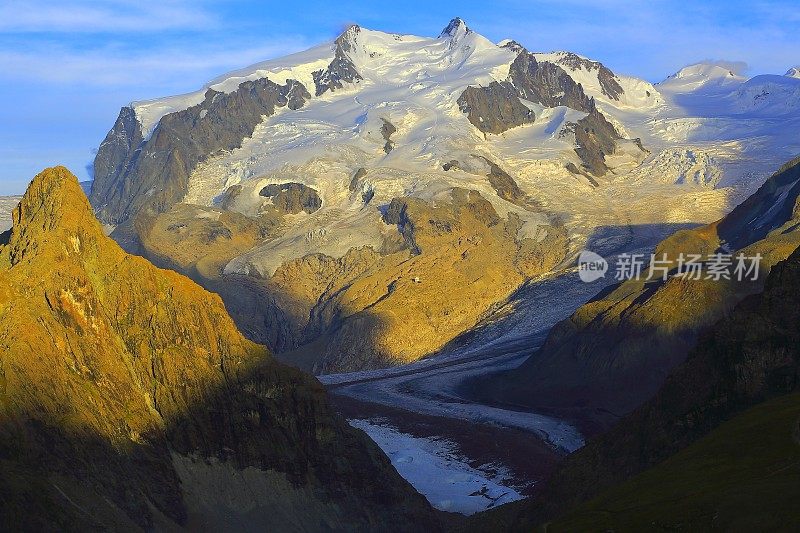 瑞士阿尔卑斯山，戈纳冰川日落之上的罗莎高山景观