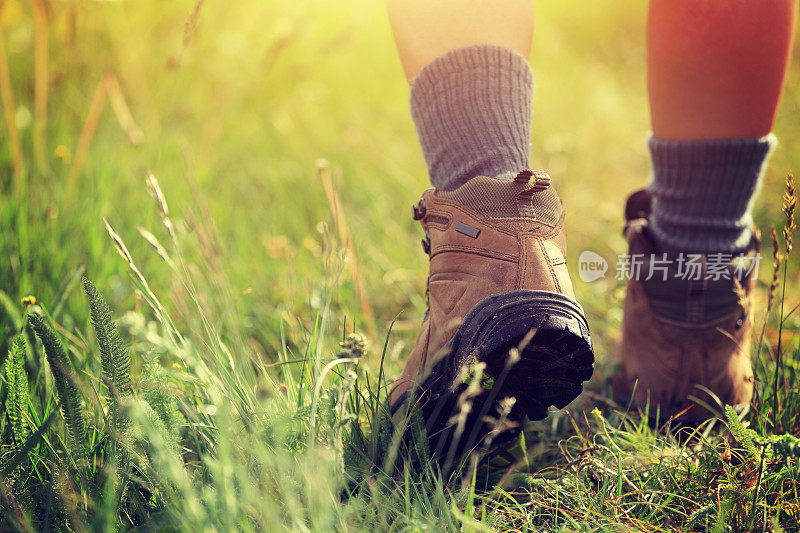 年轻女子徒步旅行者腿行走在草原小径