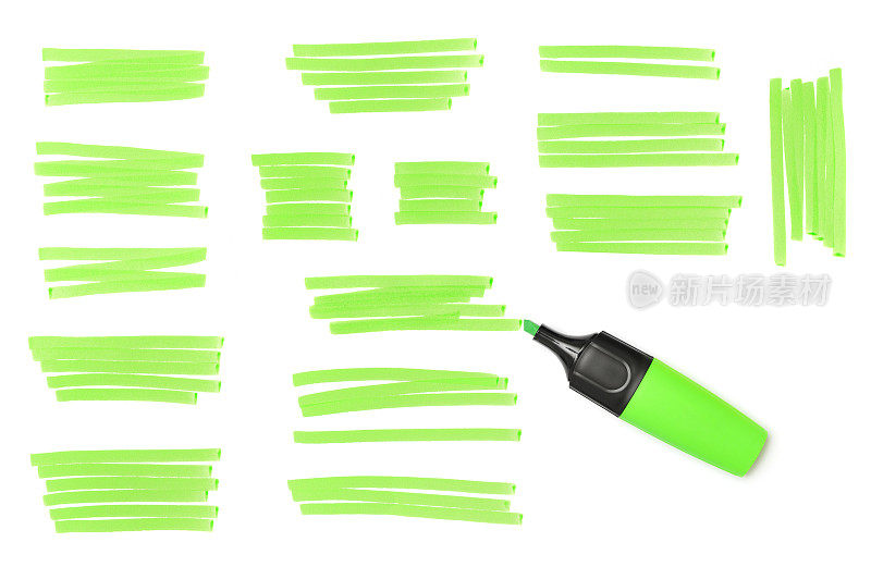 绿色荧光笔标记和记号笔，孤立在白色上