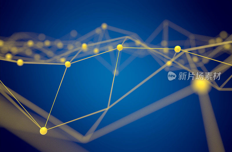 金融科技和区块链网络概念，分布式账本技术，黄色分布式连接原子和文本，蓝色背景，3d渲染