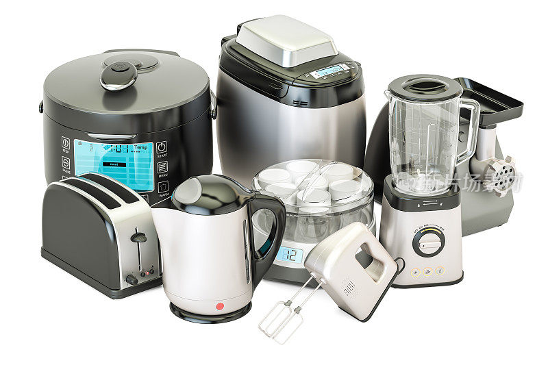 一套厨房家用电器。烤面包机，水壶，搅拌机，搅拌机，“酸奶机”，多锅，研磨机，面包机，3D渲染孤立的白色背景