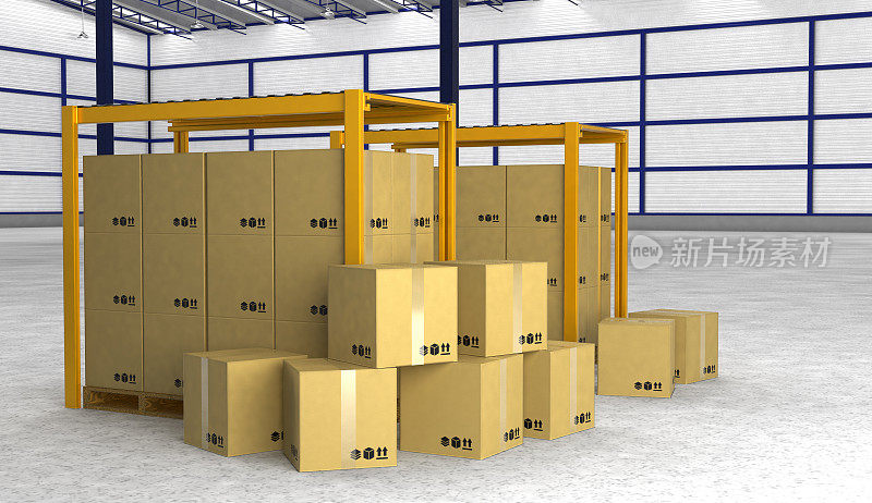 在现代化的仓库里，一排排的货架和盒子
