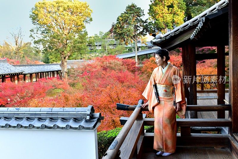 京都Tofuku-ji，穿着和服和秋叶的日本女人